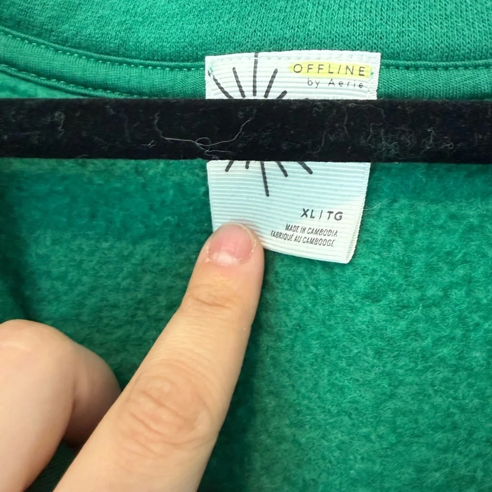 Aerie Emerald V-Neck Cropped Sweatshirt with White Stripes - Picture 2 of 3